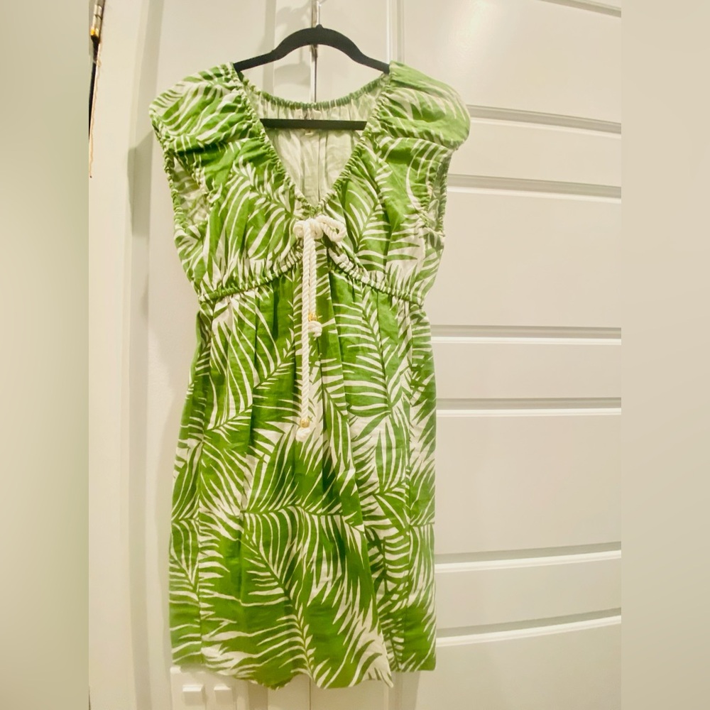 Milly Sz 4 Linen Green/ White  Tropical Fern Print Dress